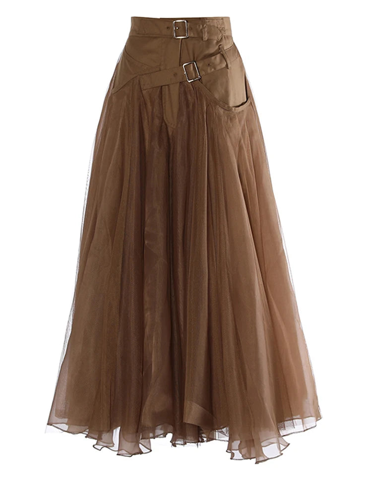 HEYFANCYSTYLE Luxury Khaki Tulle A-Line Buckle Midi Skirt