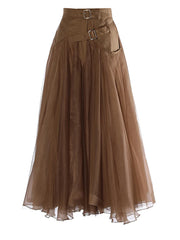 HEYFANCYSTYLE Luxury Khaki Tulle A-Line Buckle Midi Skirt