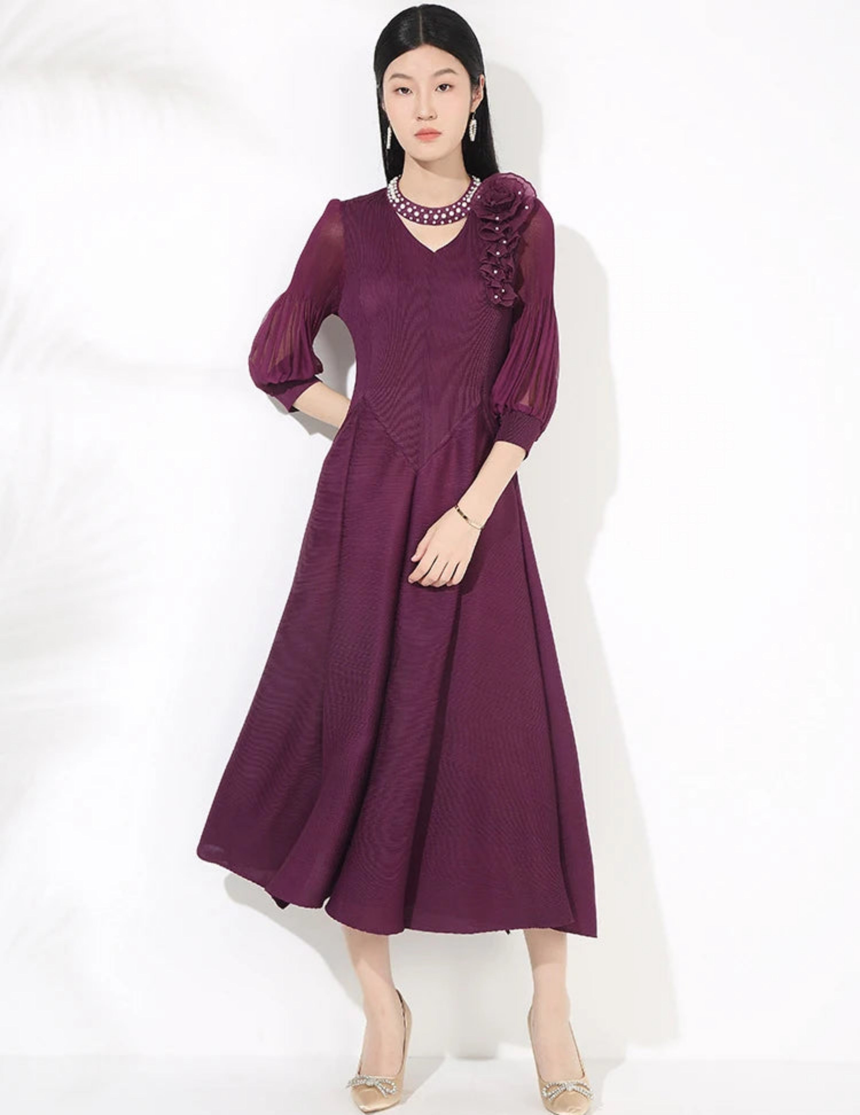 HEYFANCYSTYLE Luxury Pleat Older Women Elegant Formal Midi Dress