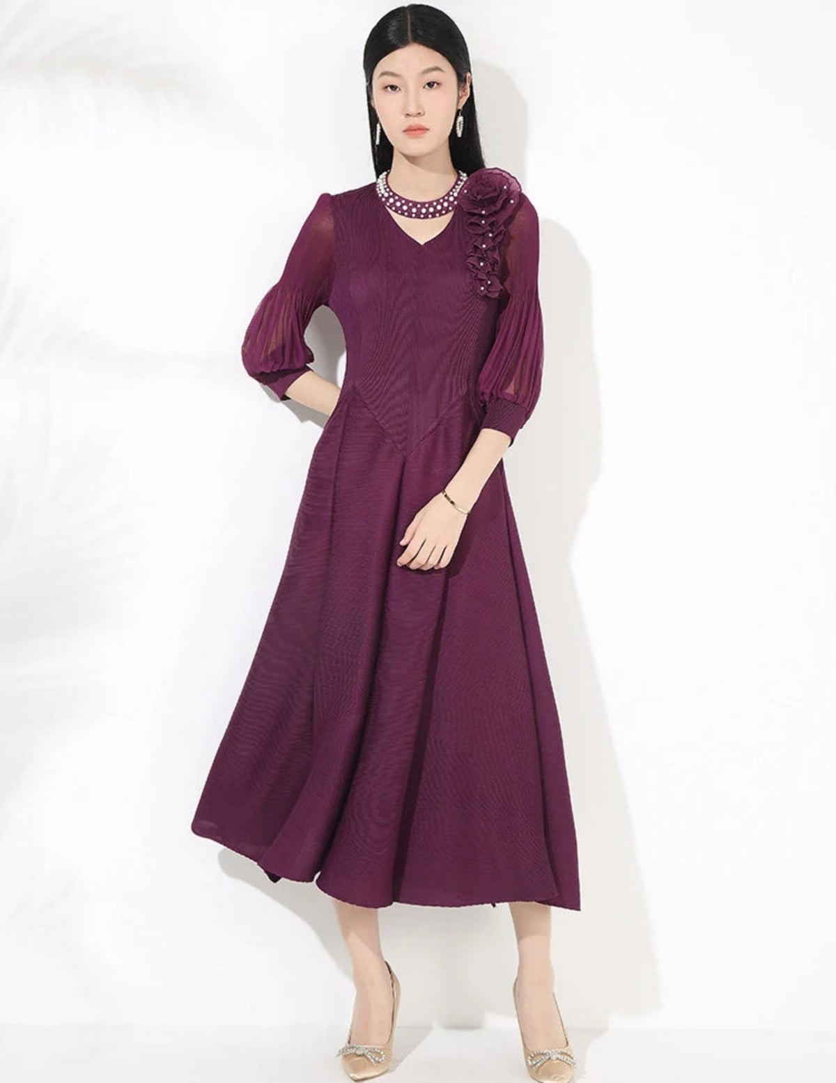 HEYFANCYSTYLE Luxury Pleat Older Women Elegant Formal Midi Dress