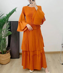HEYFANCYSTYLE Luxury Pleated Elastic Long Sleeve Midi Dress