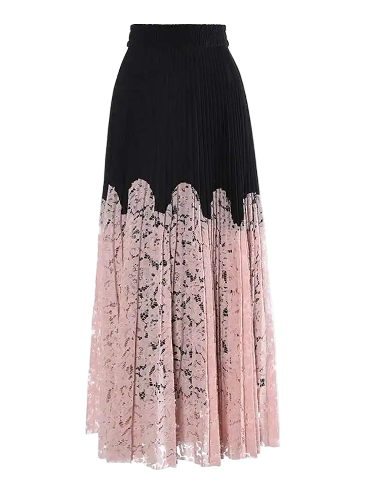 HEYFANCYSTYLE Luxury Pleated Lace Trim Maxi Skirt