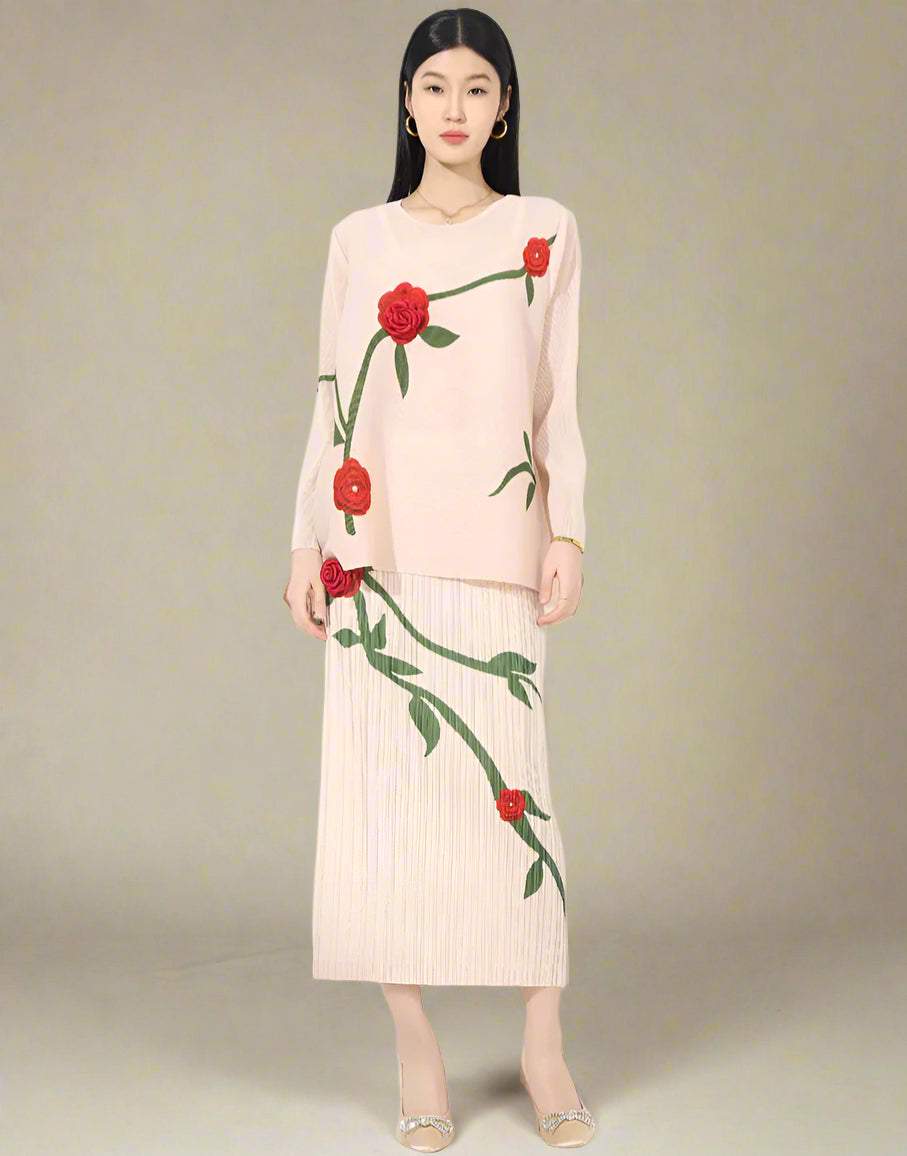 HEYFANCYSTYLE Luxury Pleated Plisse Blouse Skirt Set - Floral Embroidered