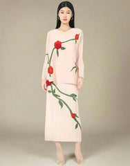 HEYFANCYSTYLE Luxury Pleated Plisse Blouse Skirt Set - Floral Embroidered