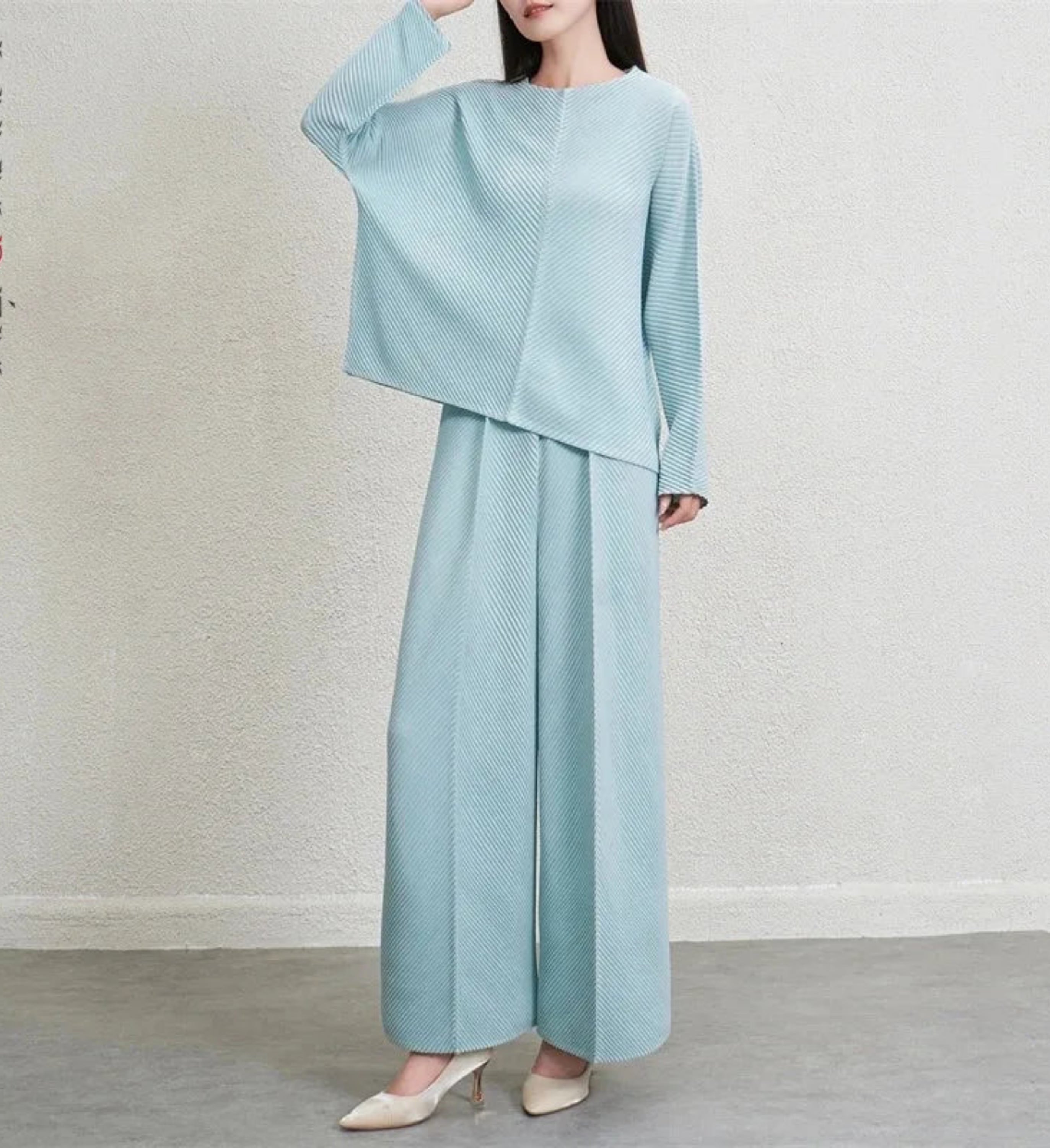 HEYFANCYSTYLE Luxury Pleated Plisse Top and Wide Leg Pant Set