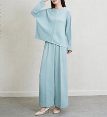 HEYFANCYSTYLE Luxury Pleated Plisse Top and Wide Leg Pant Set