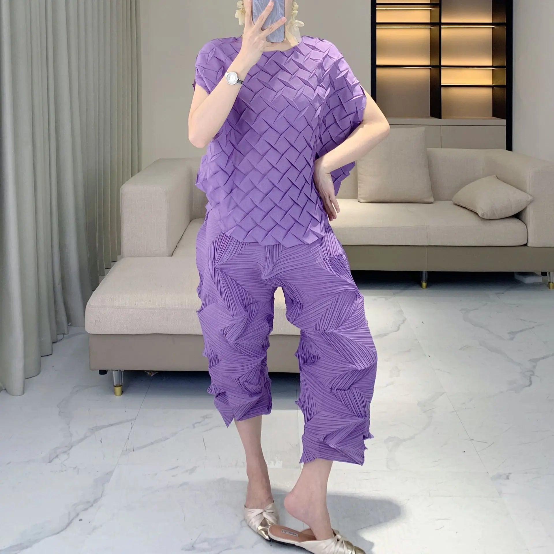 HEYFANCYSTYLE Luxury Plissé Pleat Crinkled Japanese Palazzo Pant Set