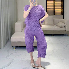 HEYFANCYSTYLE Luxury Plissé Pleat Crinkled Japanese Palazzo Pant Set