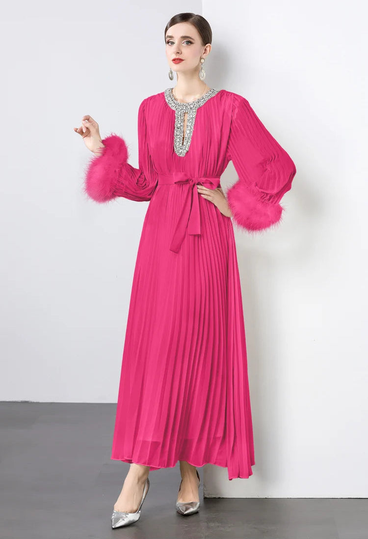 HEYFANCYSTYLE Luxury Plisse Formal Dress with Feather Cuffs & Beading