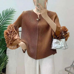 HEYFANCYSTYLE Luxury Women's Plisse Pleated Designer Blouse - Modern Japanese Style Top