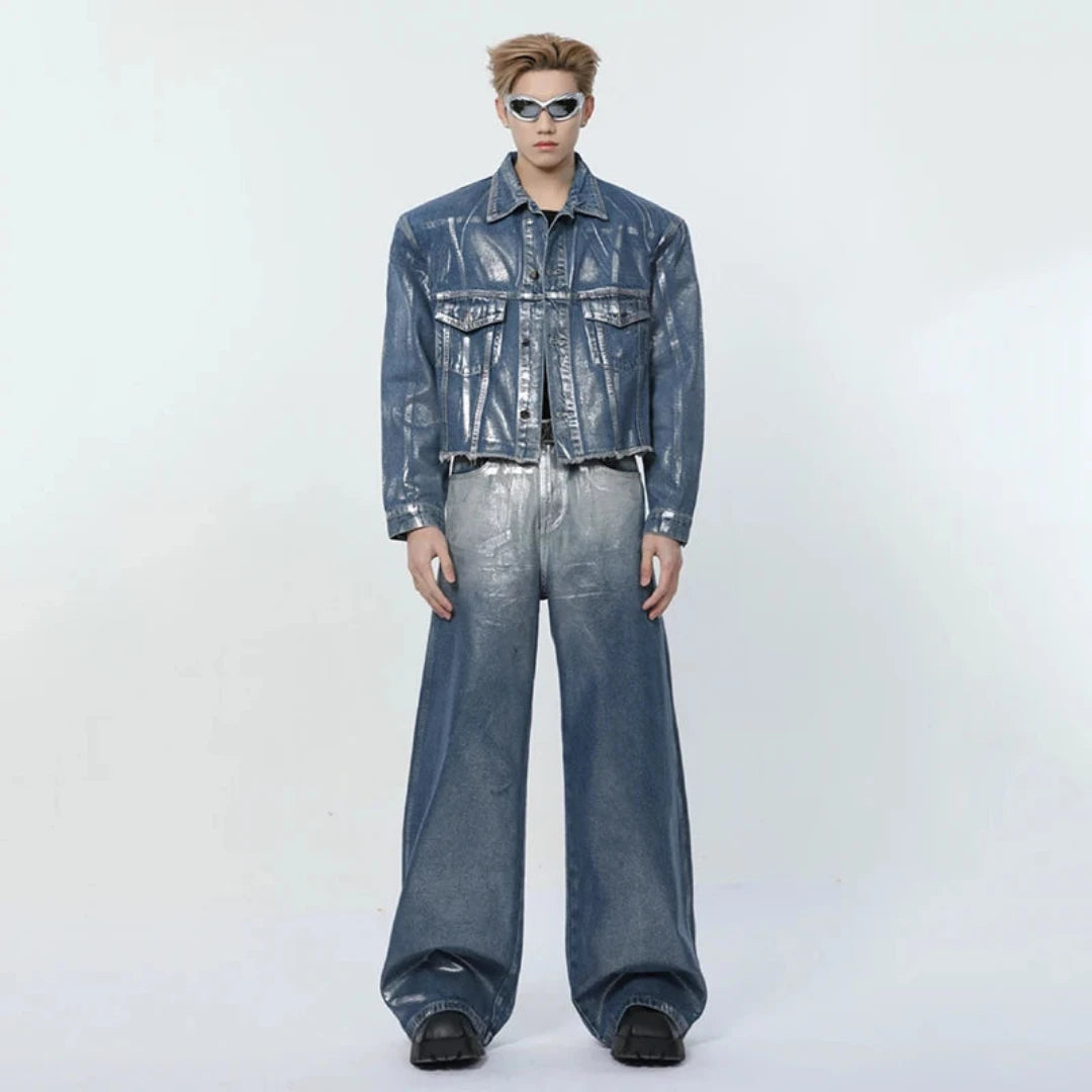 HEYFANCYSTYLE Men's 2 Piece Foil Denim Trucker Jacket & Jeans Set