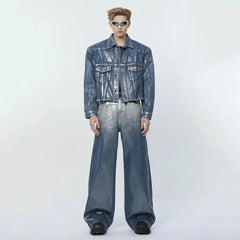 HEYFANCYSTYLE Men's 2 Piece Foil Denim Trucker Jacket & Jeans Set