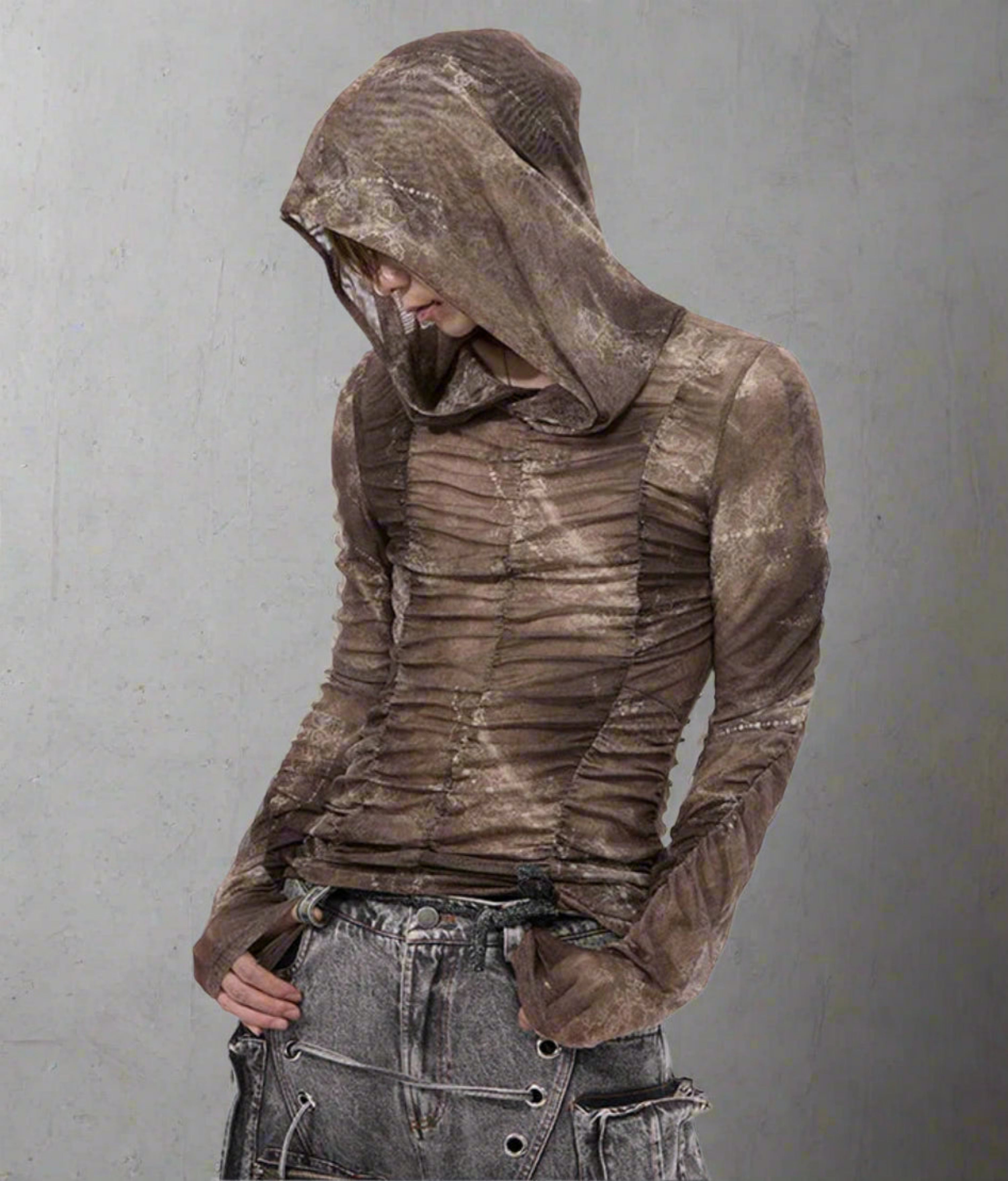 HEYFANCYSTYLE Men's Avant-Garde Detailed Lightweight Ruched Long Sleeve Hoodie