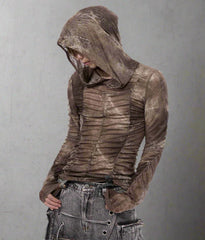 HEYFANCYSTYLE Men's Avant-Garde Detailed Lightweight Ruched Long Sleeve Hoodie