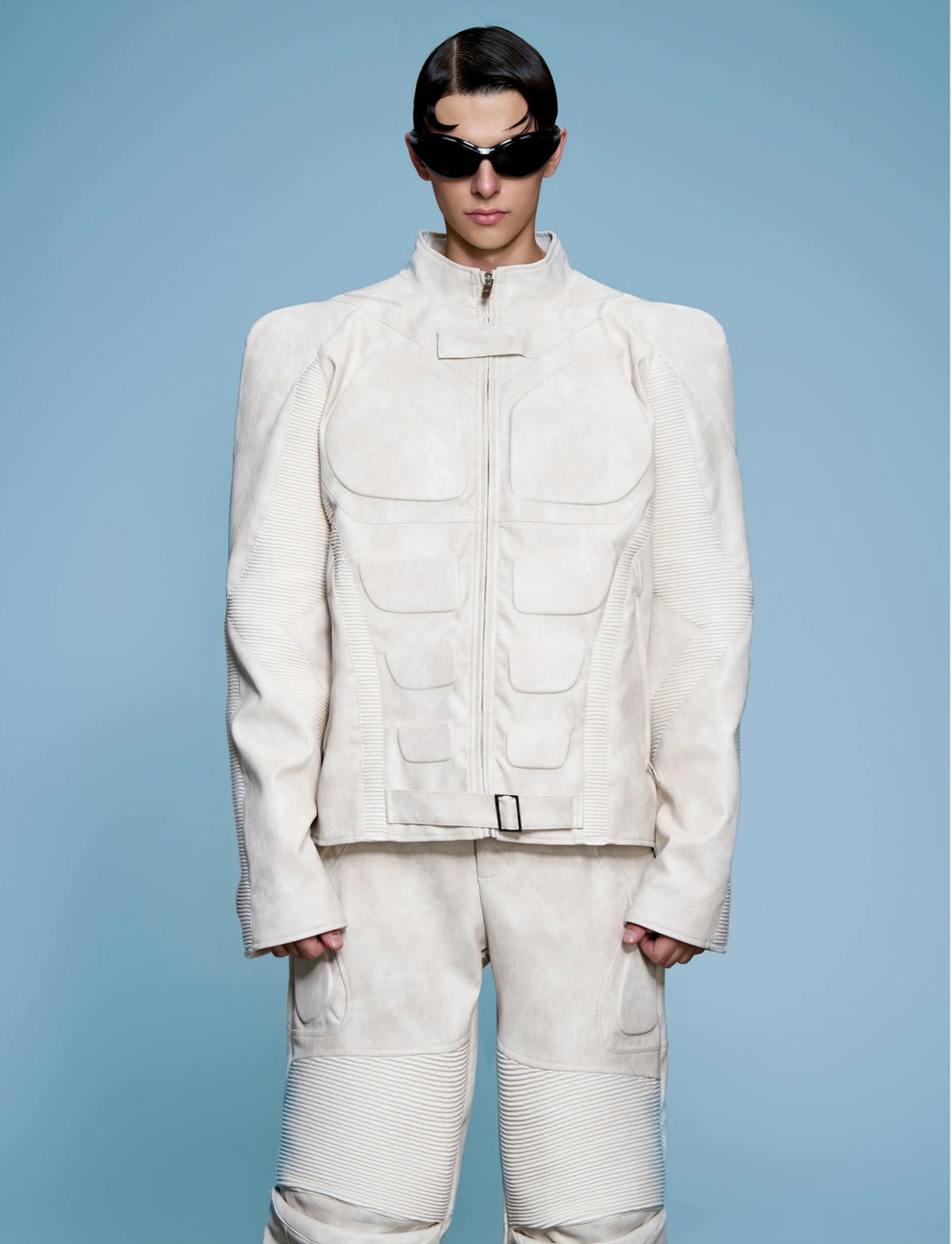 HEYFANCYSTYLE Men's Avant-Garde Vegan Leather Ribbed Armored Jacket