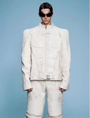 HEYFANCYSTYLE Men's Avant-Garde Vegan Leather Ribbed Armored Jacket