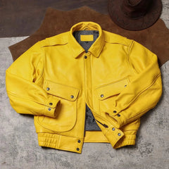 HEYFANCYSTYLE Men's Aviator Vegan Leather Jacket Exclusive Yellow Luxe Bomber Jacket