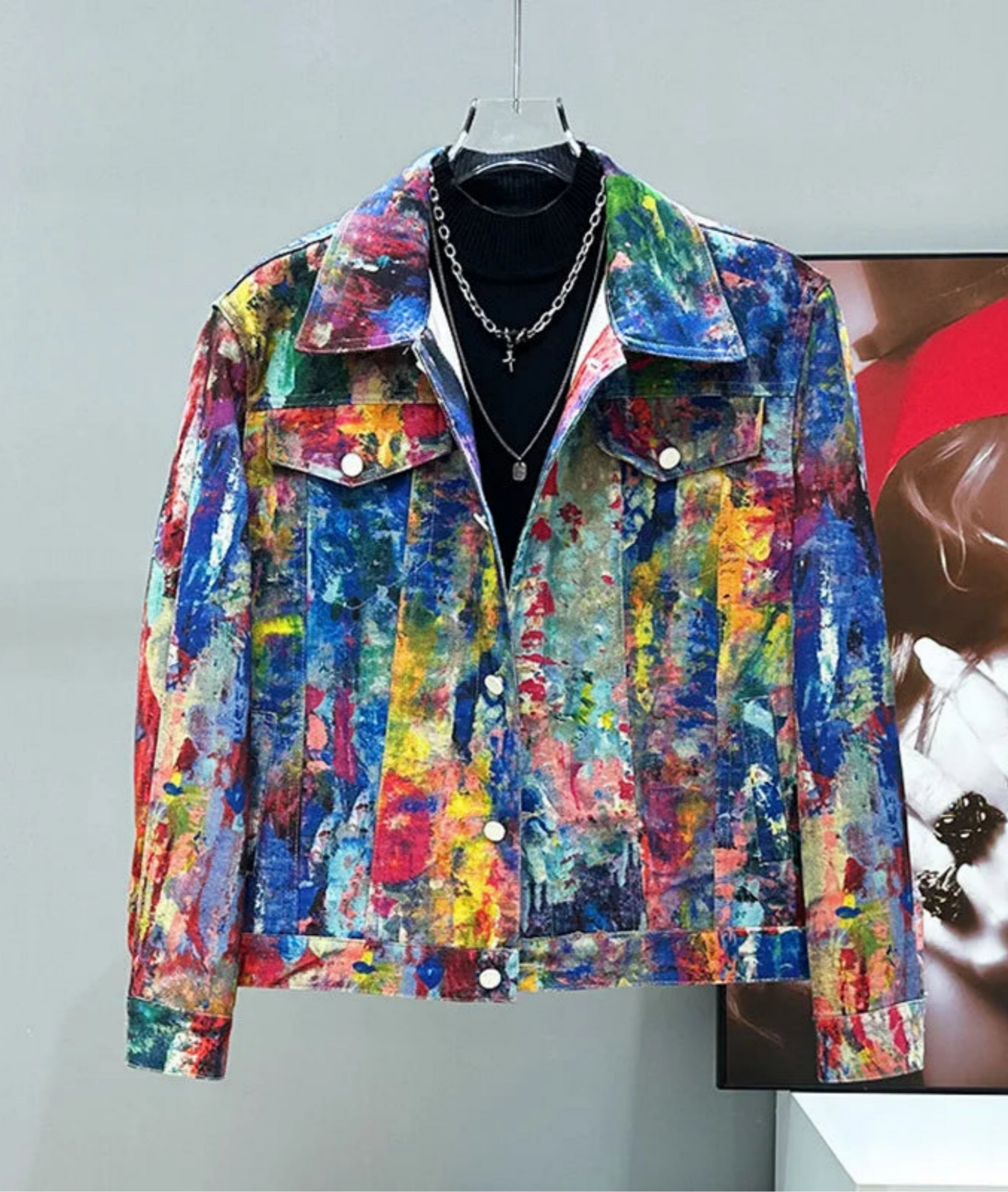 HEYFANCYSTYLE Men's Designer Denim Tailored Fit Urban Style Jacket with Graphic Print