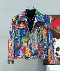 HEYFANCYSTYLE Men's Designer Denim Tailored Fit Urban Style Jacket with Graphic Print