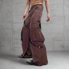 HEYFANCYSTYLE Men's Designer Suede Wide-Leg Cargo Pants with Rivets Japanese Street Style