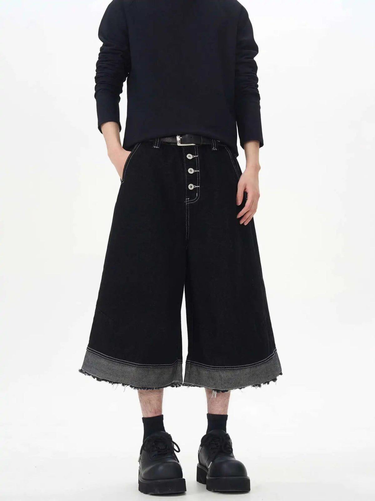 HEYFANCYSTYLE Men's Japanese Denim Wide-Leg Culottes with Raw Hem