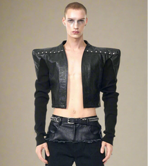 HEYFANCYSTYLE Men's Luxury Crinkled Studded Cropped Vegan Leather Jacket