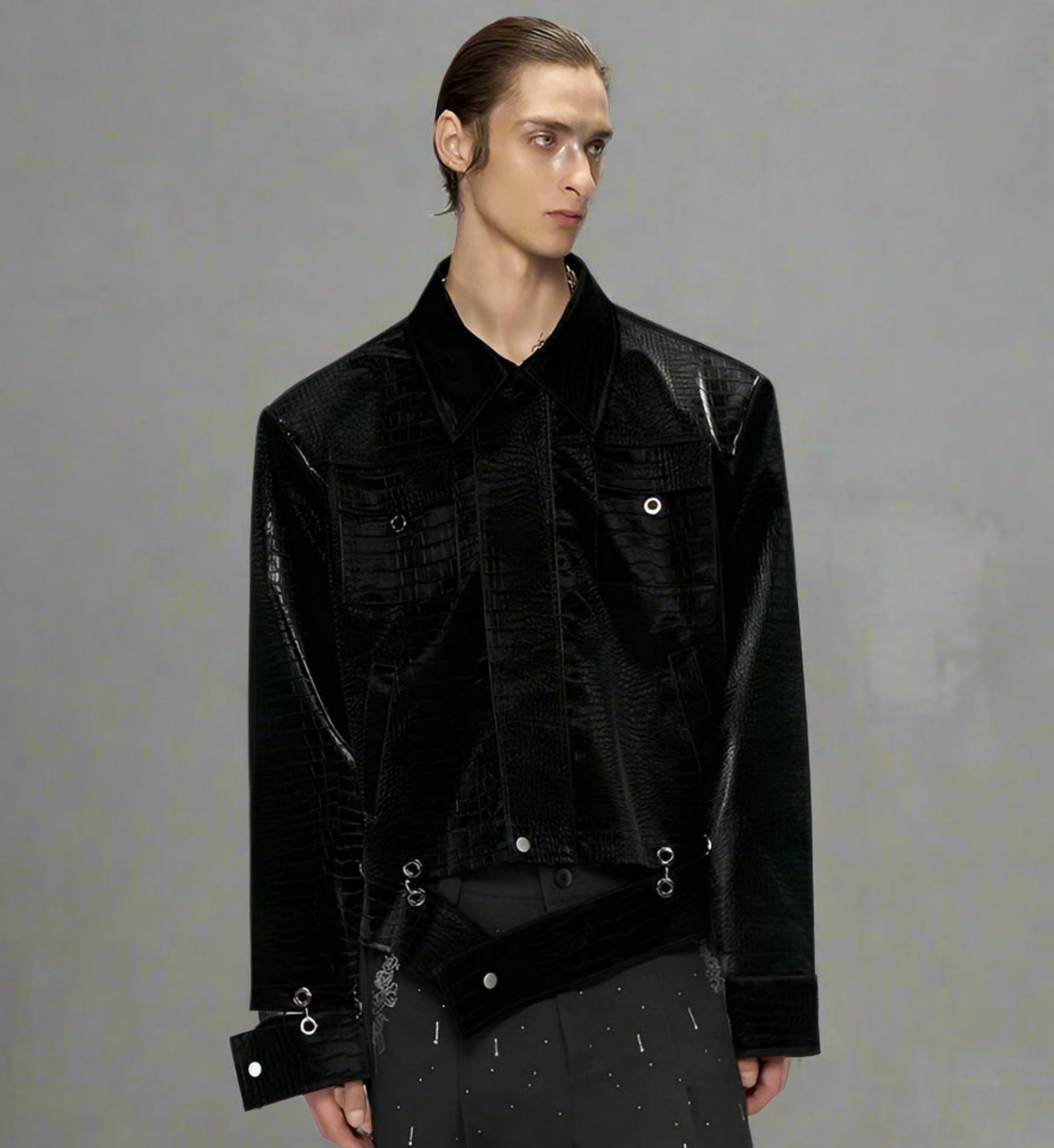 HEYFANCYSTYLE Men's Luxury Crocodile Embossed Vegan Leather Jacket - Designer Style