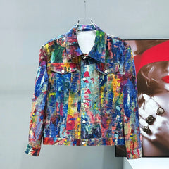 HEYFANCYSTYLE Men's Luxury Denim Relaxed Artistic Trucker Jacket with Paint Splatter
