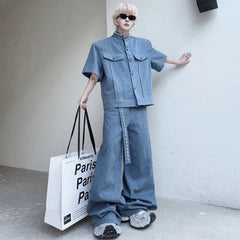 HEYFANCYSTYLE Men's Luxury Denim Relaxed Fit 2 Piece Set for Streetwear