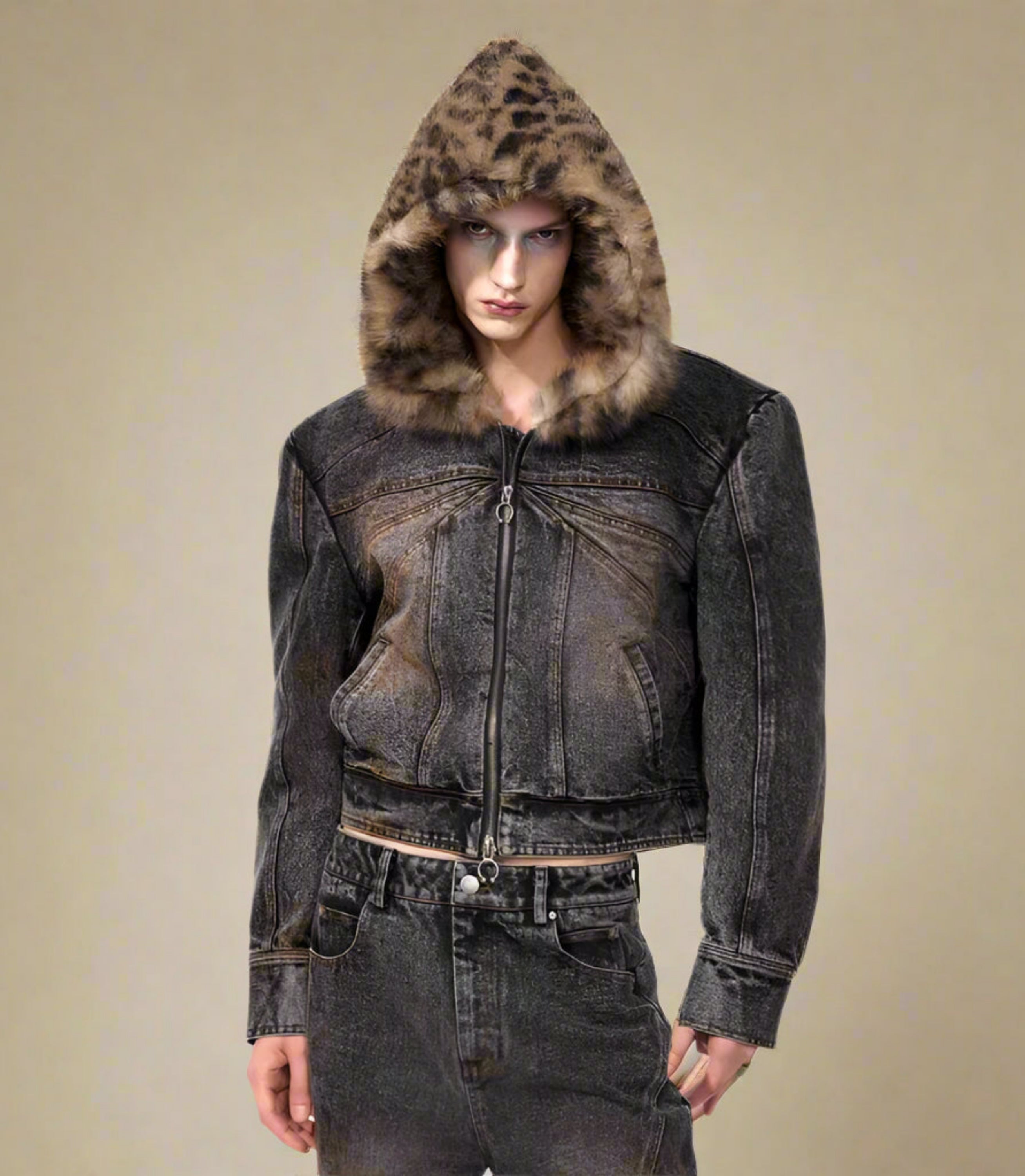 HEYFANCYSTYLE Men's Luxury Distressed Denim Jacket with Leopard Faux Fur Hood