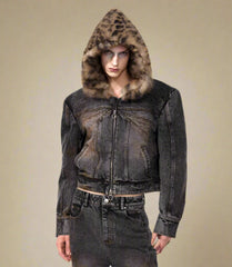 HEYFANCYSTYLE Men's Luxury Distressed Denim Jacket with Leopard Faux Fur Hood