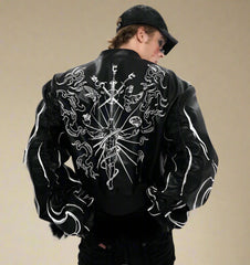 HEYFANCYSTYLE Men's Luxury Embroidered Leather & Suede Bomber Jacket