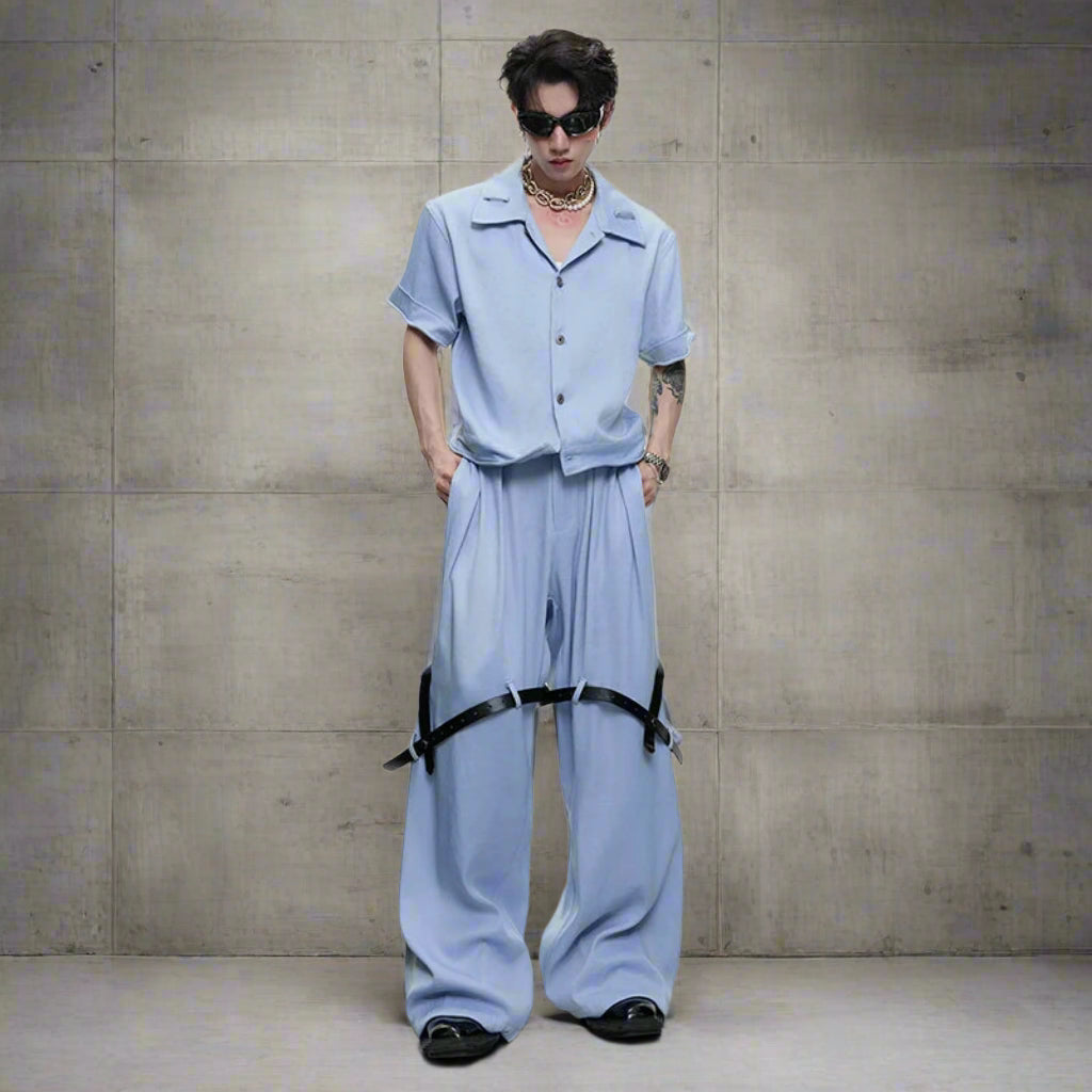 HEYFANCYSTYLE Men's Luxury Japanese Belted Wide Trousers & Top Set