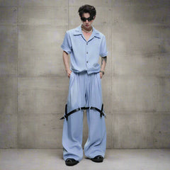 HEYFANCYSTYLE Men's Luxury Japanese Belted Wide Trousers & Top Set