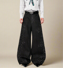 HEYFANCYSTYLE Men's Luxury Leopard Wide-Leg Pants - Designer Rhinestone Denim