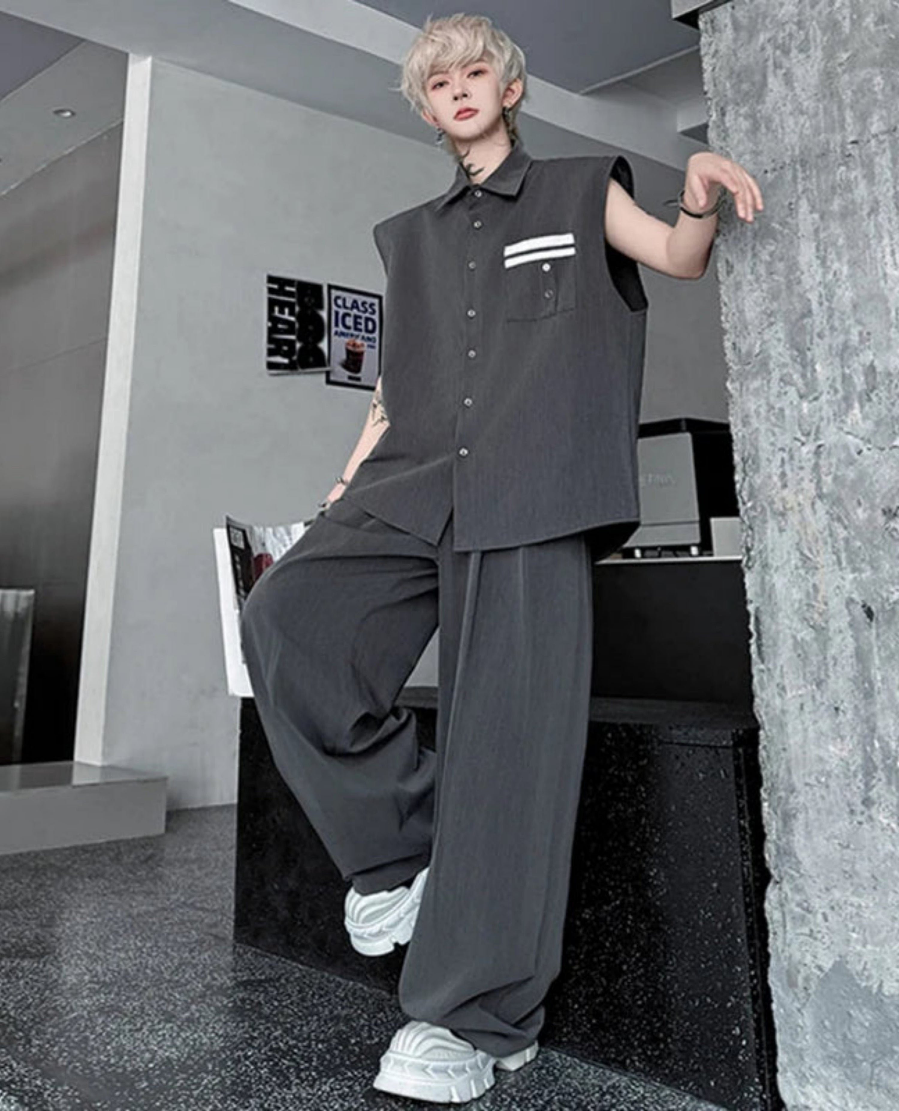 HEYFANCYSTYLE Men's Oversized Pleated Trouser Set - Premium Sleeveless Suit