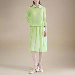 HEYFANCYSTYLE Midi Pleated Set Japanese Designer Top & Pull-On Skirt