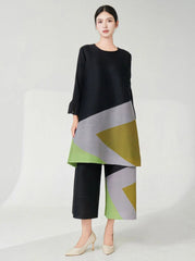 HEYFANCYSTYLE Modern Japanese Plissé Pleat Geometric Trouser Set