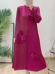 HEYFANCYSTYLE Petite Midi Pleated Dress, Long Sleeve, Textured Fabric, Elegant Style