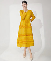 HEYFANCYSTYLE Premium Designer Pleated Midi - Stretchy Luxury Women's Dress