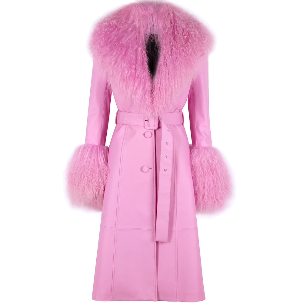 HEYFANCYSTYLE Women's Belted Leather Sheep Fur Trench Coat