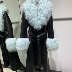 HEYFANCYSTYLE Women's Belted Real Leather Sheep Fur Trench Coat  - Blue