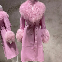 HEYFANCYSTYLE Women's Belted Real Leather Sheep Fur Trench Coat 