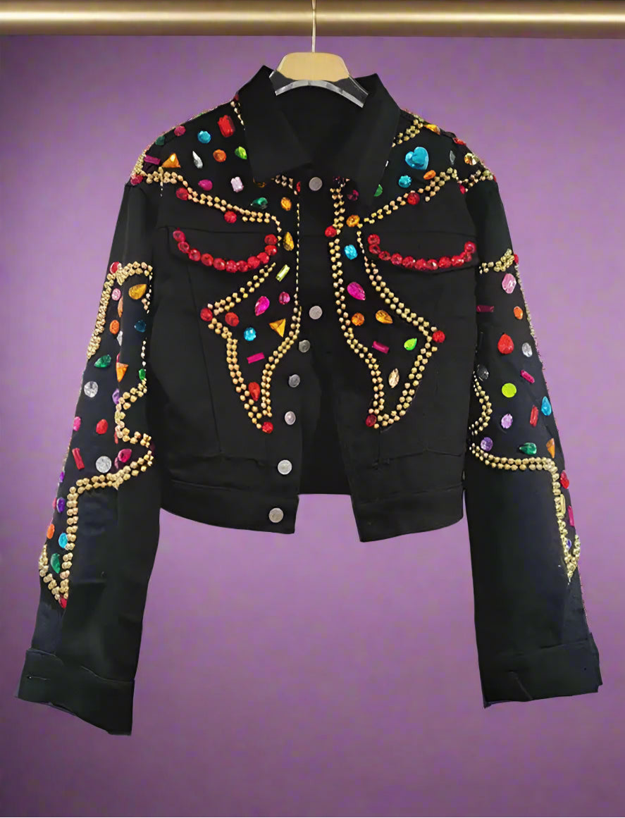 HEYFANCYSTYLE Women's Black Denim Embellished Trucker Jacket with Jewel Bejewelled