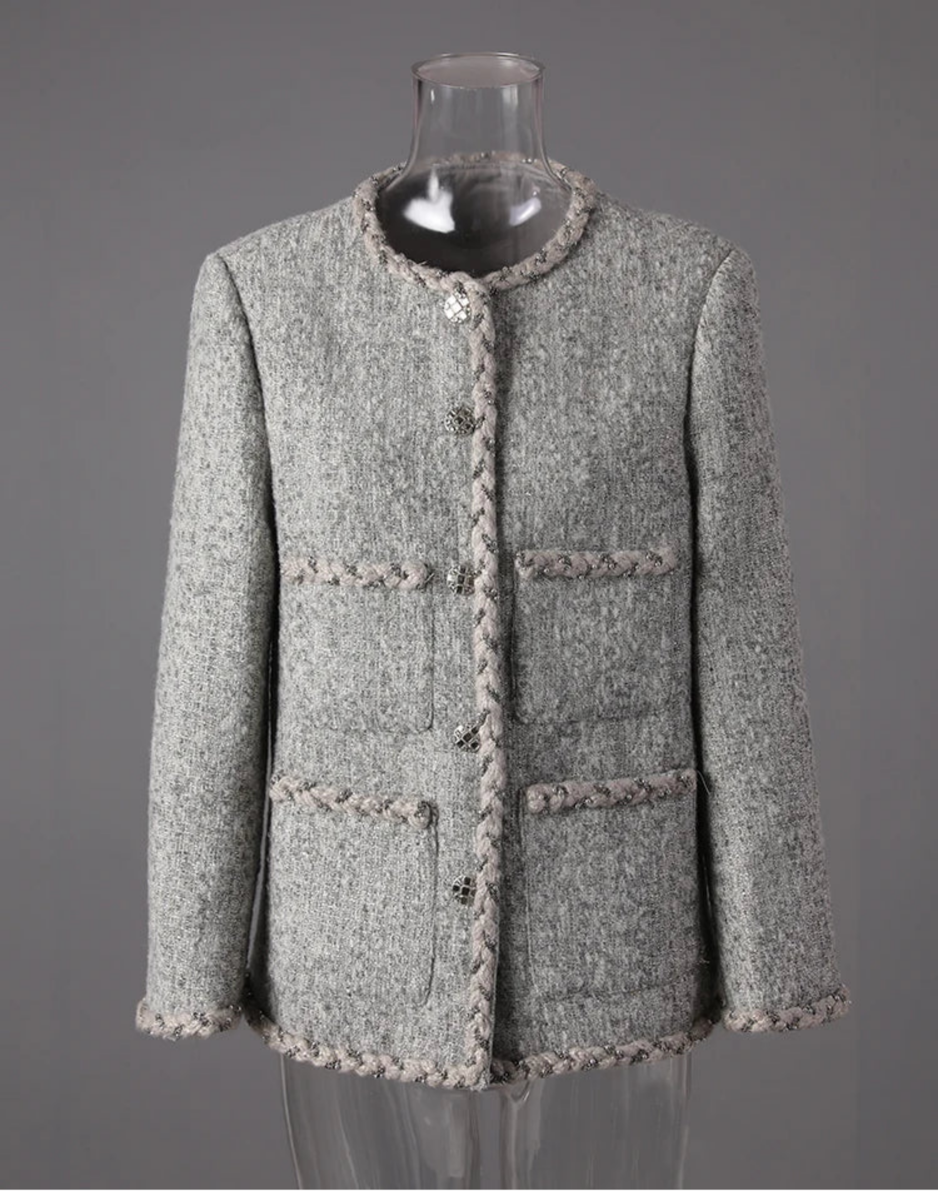 HEYFANCYSTYLE Women's Braided Trim Collarless Tweed Blazer
