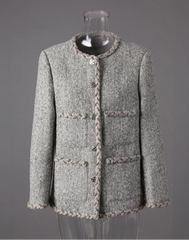 HEYFANCYSTYLE Women's Braided Trim Collarless Tweed Blazer