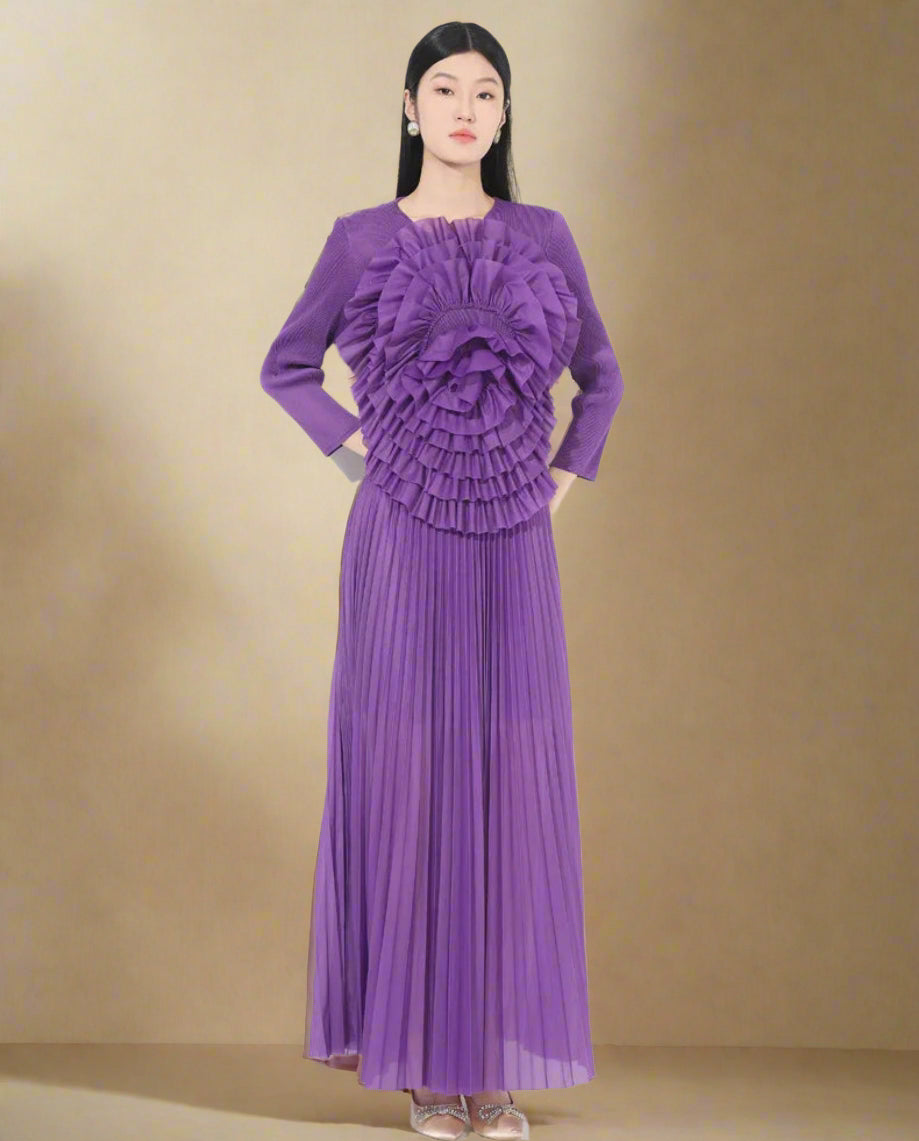 HEYFANCYSTYLE Women's Couture Designer Plissé Pleated Long Sleeve Top & Skirt