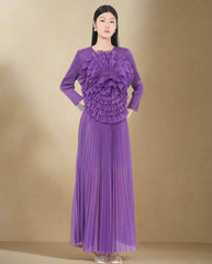 HEYFANCYSTYLE Women's Couture Designer Plissé Pleated Long Sleeve Top & Skirt