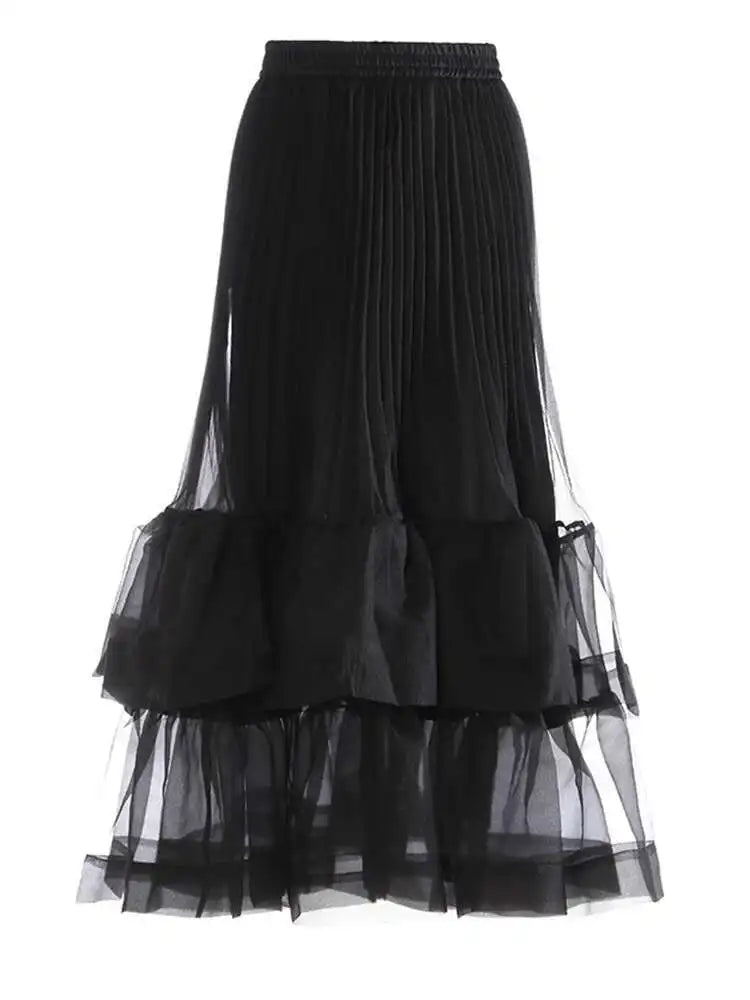 HEYFANCYSTYLE Women's Couture Pleated Tulle Ruffle Midi Skirt