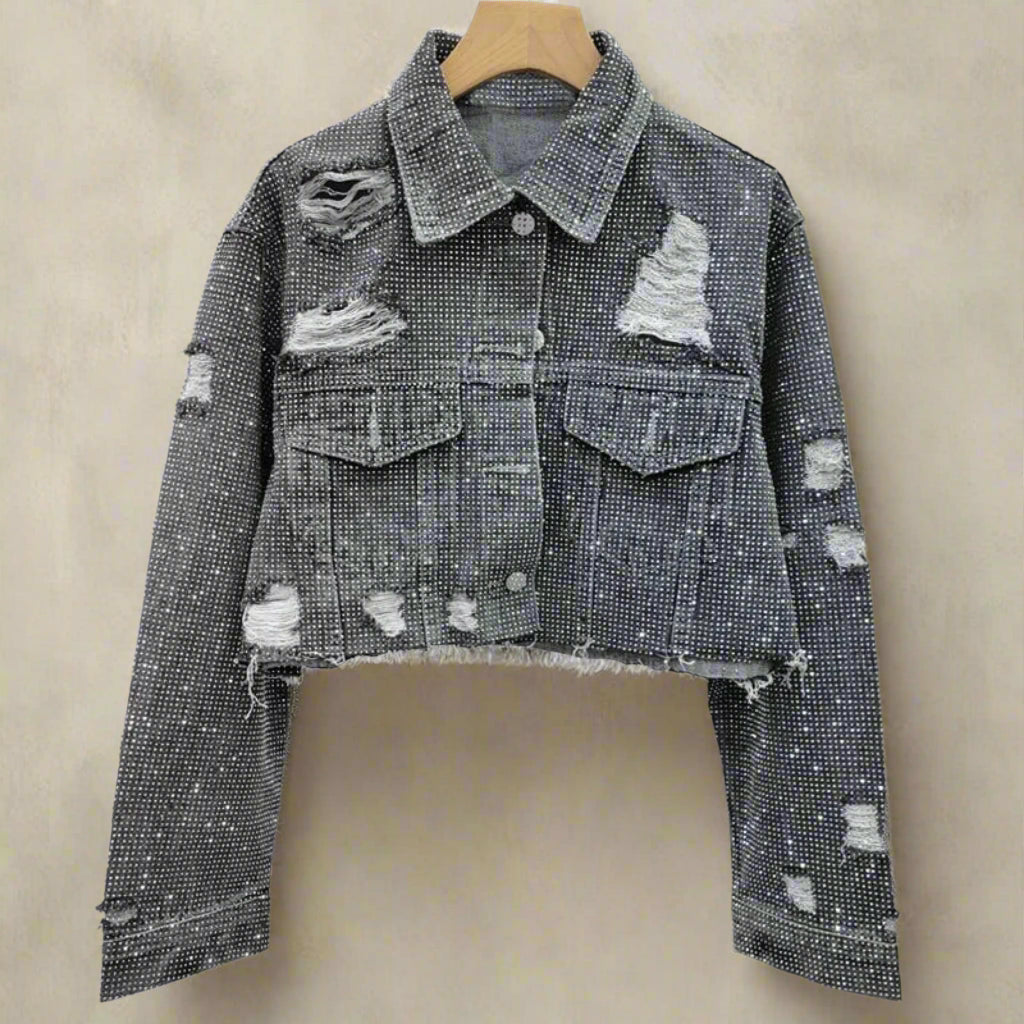 HEYFANCYSTYLE Women's Denim Fitted Embellished Cropped Jacket with Distressed Detail